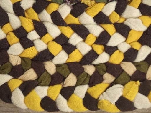 handmade vintage braided wool rug, round floor mat in gold & green wool
