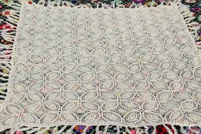 handmade vintage crochet lace table cover, tablecloth or lacy throw, heavy fringed cotton lace