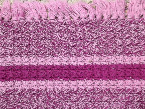 handmade vintage fringed crochet cotton throw rug, pink and wine purple