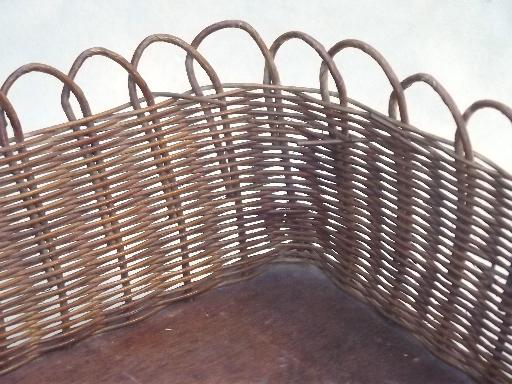 handmade vintage sewing basket, square woven reed 'bowl' on wood board
