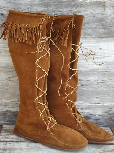 handmade vintage suede moccasin boots, heavy fringed nubuck leather