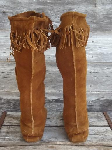 handmade vintage suede moccasin boots, heavy fringed nubuck leather