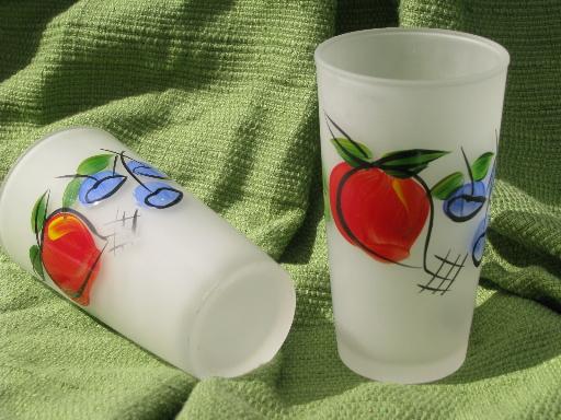 hand-painted Gay Fad fruit juice set, Hazel Atlas glass tumblers and big pitcher