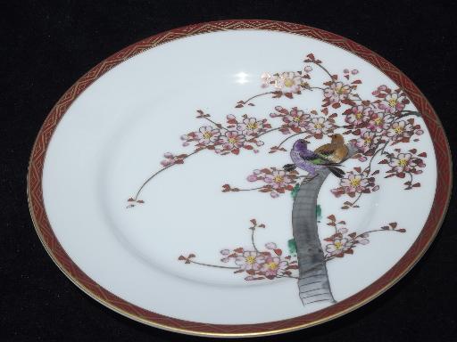 hand-painted Japan lithophane china tea set, pair of birds in cherry tree