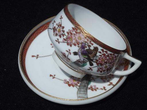 hand-painted Japan lithophane china tea set, pair of birds in cherry tree