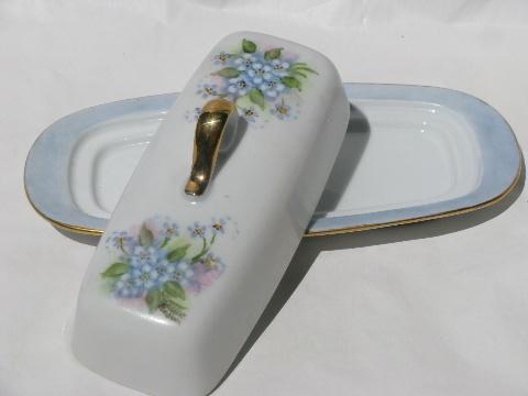 hand-painted china covered butter dish, lovely blue forget-me-nots