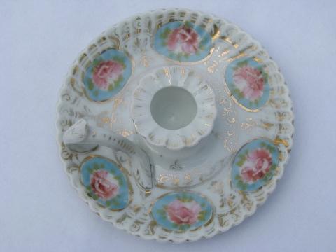 handpainted china finger ring chamber candlestick, antique candle holder