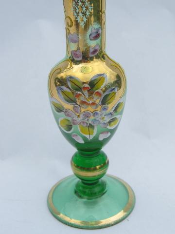 Czech Bohemian Amber Bud Vase Applied Flower Painted Gold 