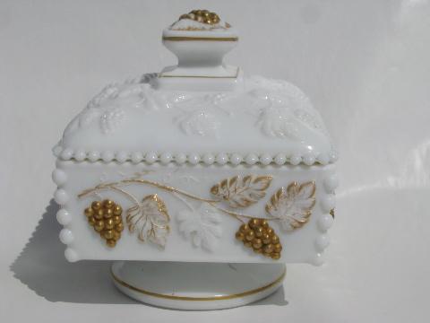 hand-painted gold beaded grape square milk glass box, vintage Westmoreland