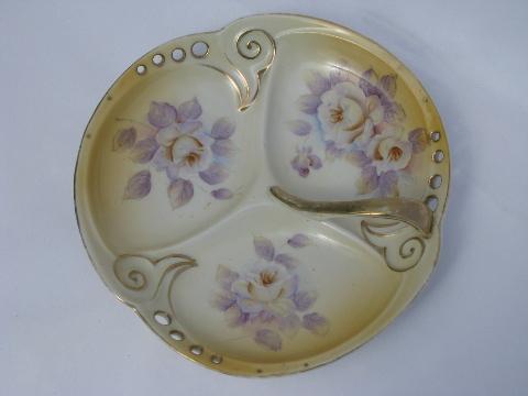 hand-painted roses porcelain, vintage divided bowl, china nappy w/ handle