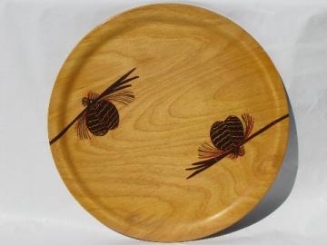 hand-painted round wood tray or charger, rustic north woods pinecones