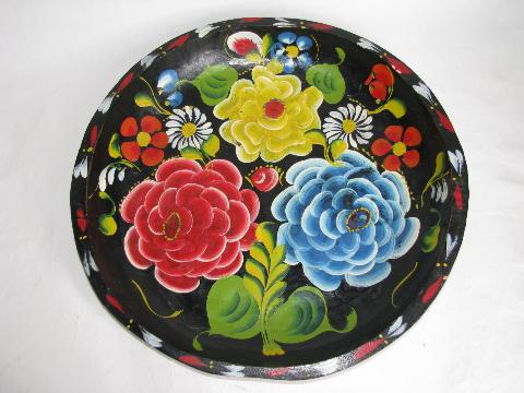 hand-painted vintage wood bowl, Mexico batea tray, flowers on black, 13'' diameter