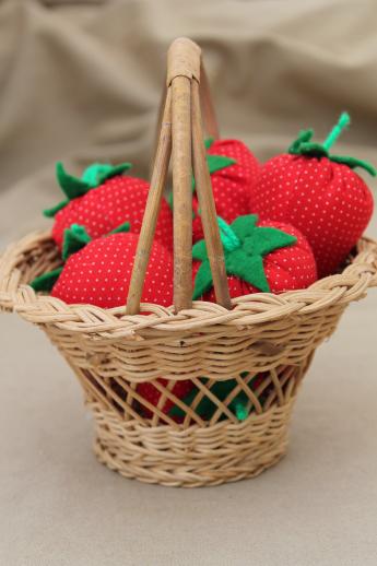 hand-stitched stuffed strawberries in wicker berry basket, folk art strawberry basket