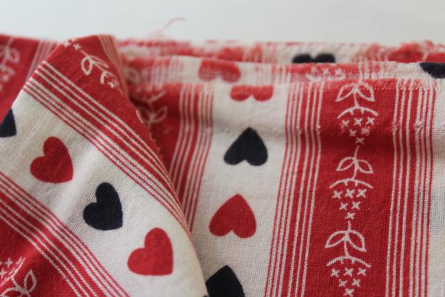 heart print vintage cotton feed sack fabric, hearts in black & red