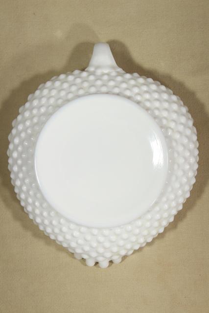 heart shaped nappy vintage Fenton hobnail milk glass, crimped candy dish or nut bowl