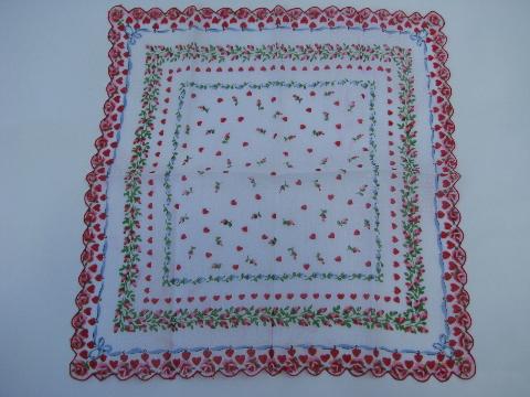 hearts border printed cotton handkerchief, vintage Valentine hanky