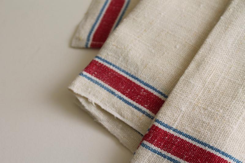 heavy French linen towel fabric, vintage red & blue striped kitchen / dish towels