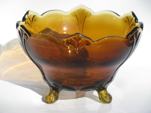 heavy amber glass footed fruit centerpiece bowl, Indiana fleur de lis