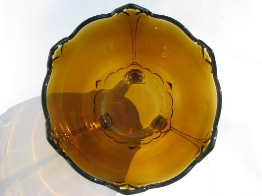 heavy amber glass footed fruit centerpiece bowl, Indiana fleur de lis