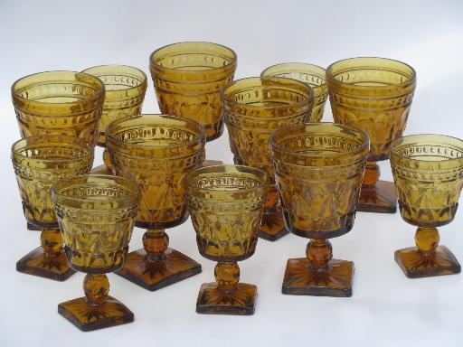 heavy amber glass goblets, vintage Colony Park Lane wine and water glasses
