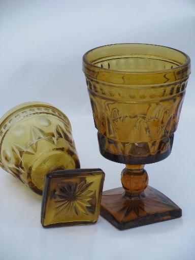 heavy amber glass goblets, vintage Colony Park Lane wine and water glasses
