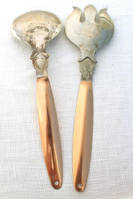 heavy gothic hand wrought copper / silver salad servers, rustic farmhouse vintage 