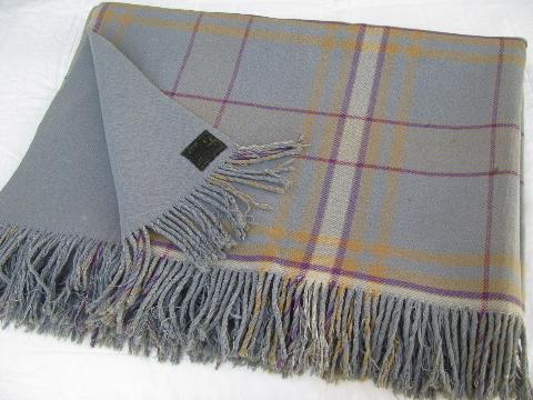 heavy old double-sided wool blanket, vintage fringed camp plaid throw