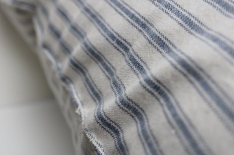 heavy old feather pillow, vintage indigo blue striped cotton ticking fabric