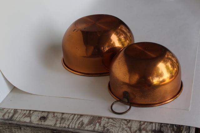 heavy old solid copper mixing bowls, nesting bowl set w/ brass rings for wall hanging