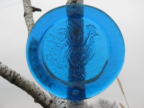 heavy pressed glass sun catcher, retro blue art glass w/ rooster