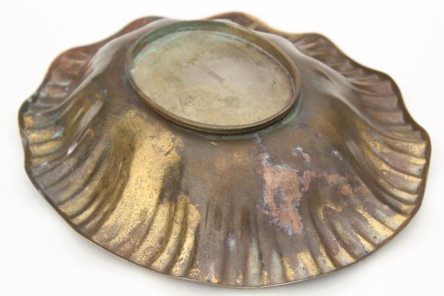 heavy solid brass bowls, vintage dishes w/ worn patina, antique silver wash 