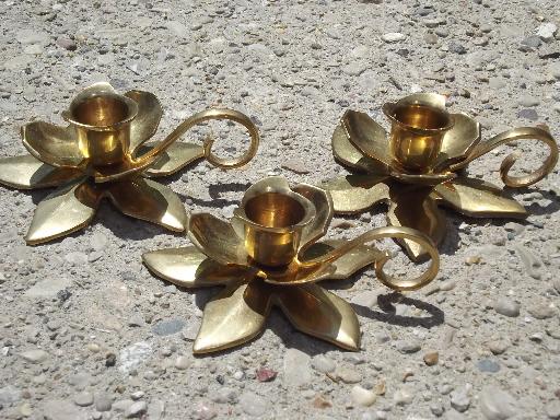 heavy solid brass candlesticks, lot of flower shaped candle holders