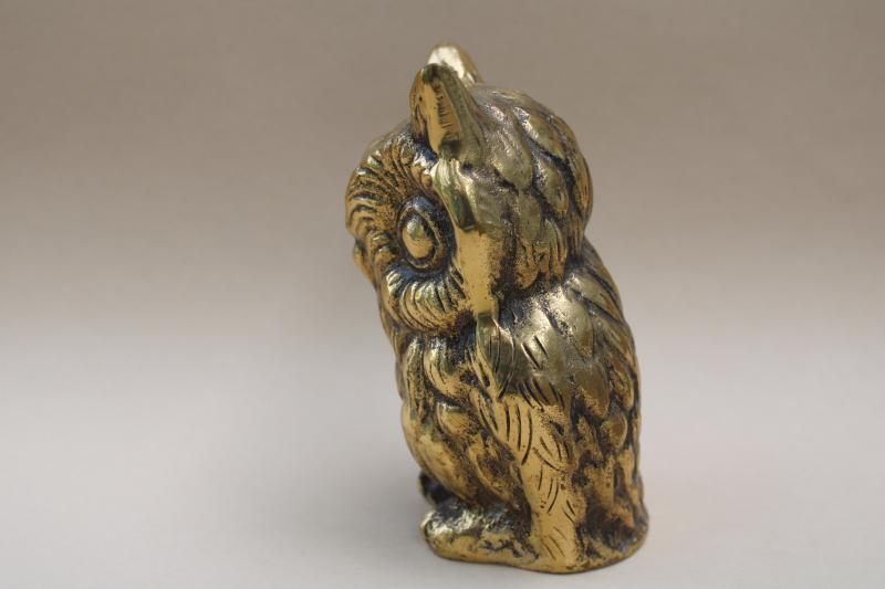 heavy solid brass owl paperweight, vintage Japan figurine wise old owl