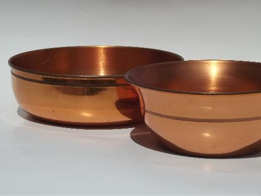 heavy solid copper bowls, 60s or 70s vintage pots for kitchen or garden