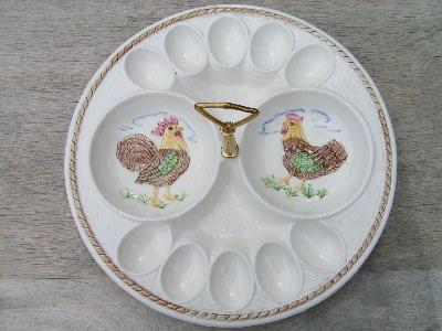 hen and rooster, vintage egg plate, California pottery