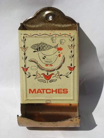 hen and tulips old metal litho match safe wall box for country kitchen