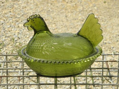 hen on nest covered dish, vintage green glass chicken
