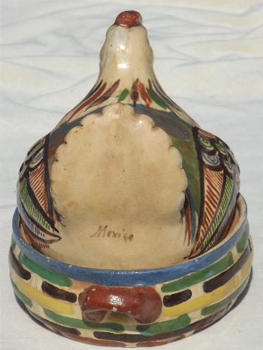 hen on nest covered dish, vintage hand-painted Mexican pottery folk art
