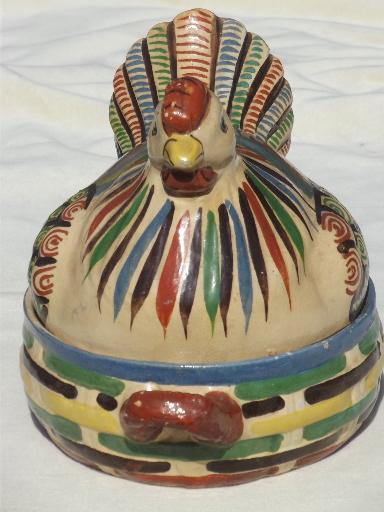 hen on nest covered dish, vintage hand-painted Mexican pottery folk art