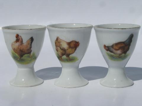 hens & roosters, vintage Japan china egg cups, egg cups set w/ chickens