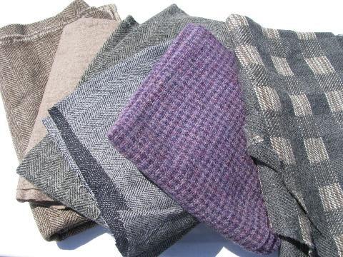 herringbone tweed, plaid lot vintage wool fabric for sewing crafts, felting