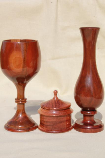 highly polished handmade carved wood goblet, box, vase - handcrafted vintage treenware