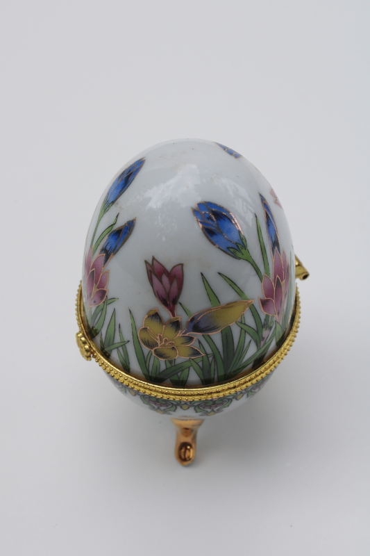 hinged lid Easter egg porcelain trinket box, hand painted spring crocus flowers gold