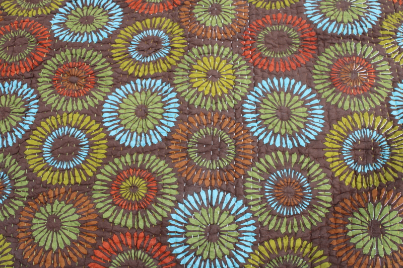 hippie style starburst flower print cotton kantha quilt, king size bedspread