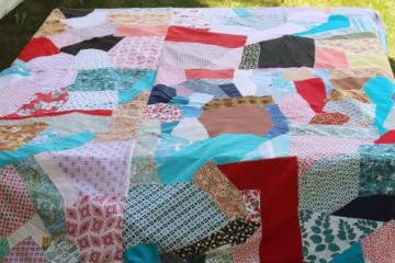 hippie vintage crazy quilt patchwork bedspread or sofa cover, 60s 70s prints colorful cotton fabric