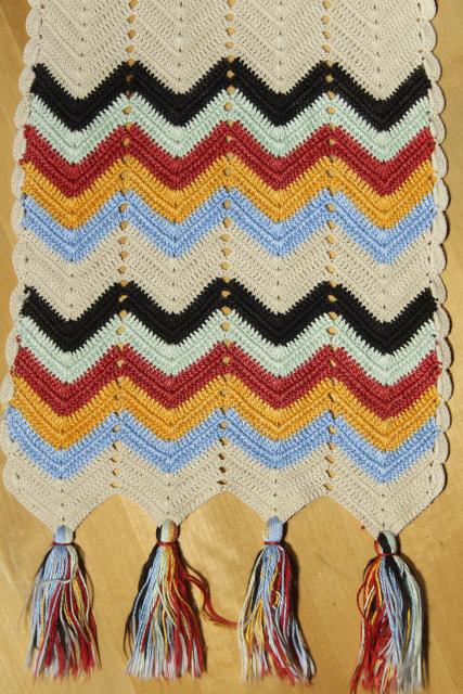 hippie vintage crochet table runner w/ tassels and chevron stripes, indian blanket colors