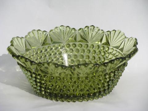 hobnail & fan pattern, vintage pressed glass bowl in green