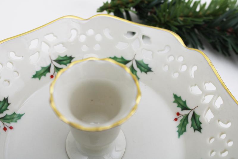 holiday holly Lenox china candle holder, chamber candlestick w/ pierced border