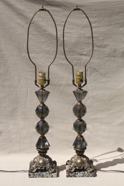 hollywood regency vintage Italian bronze lamps w/ smoke glass crystals, black marble lamp bases