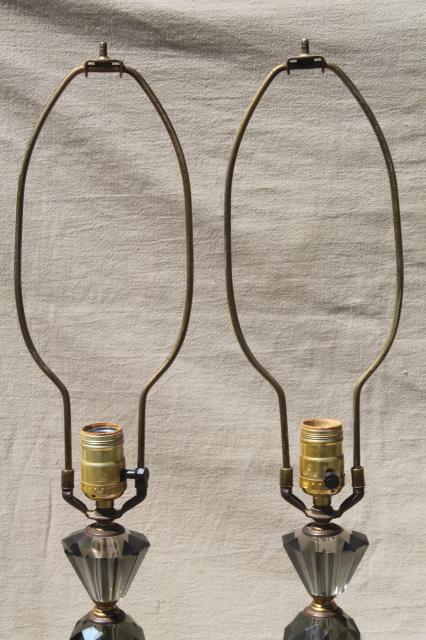 hollywood regency vintage Italian bronze lamps w/ smoke glass crystals, black marble lamp bases